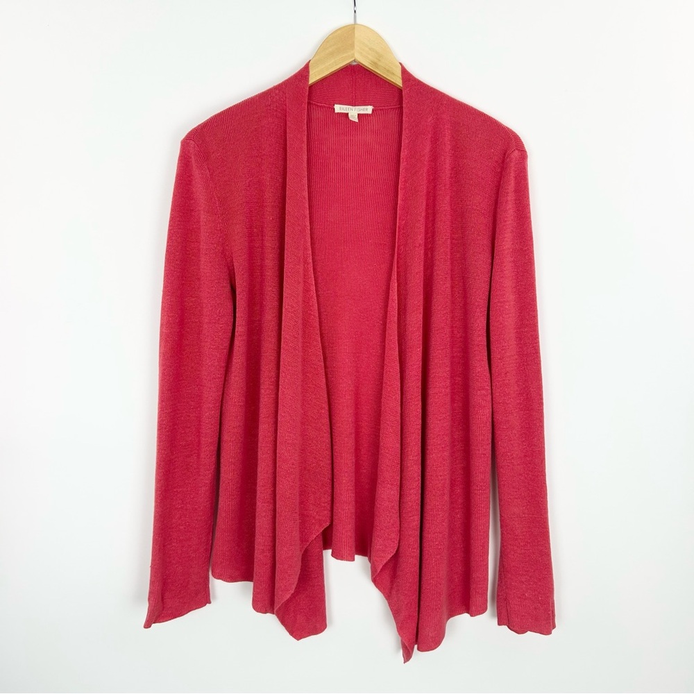 Eileen Fisher‎ Open Front Cardigan Organic Linen Bright Salmon Size Large
